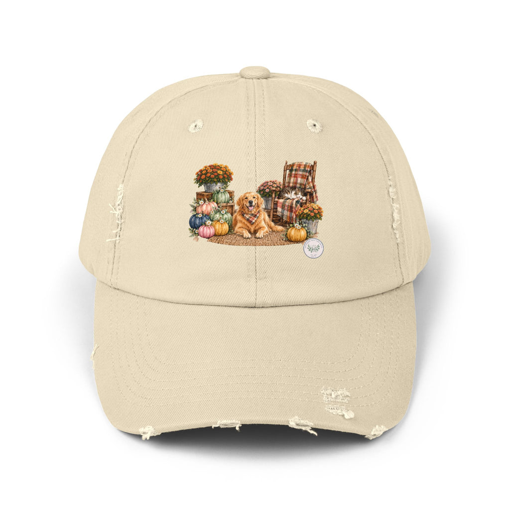 Autumn Cozy Dog Distressed Cap — Fall Pumpkins & Plaid Chair Design