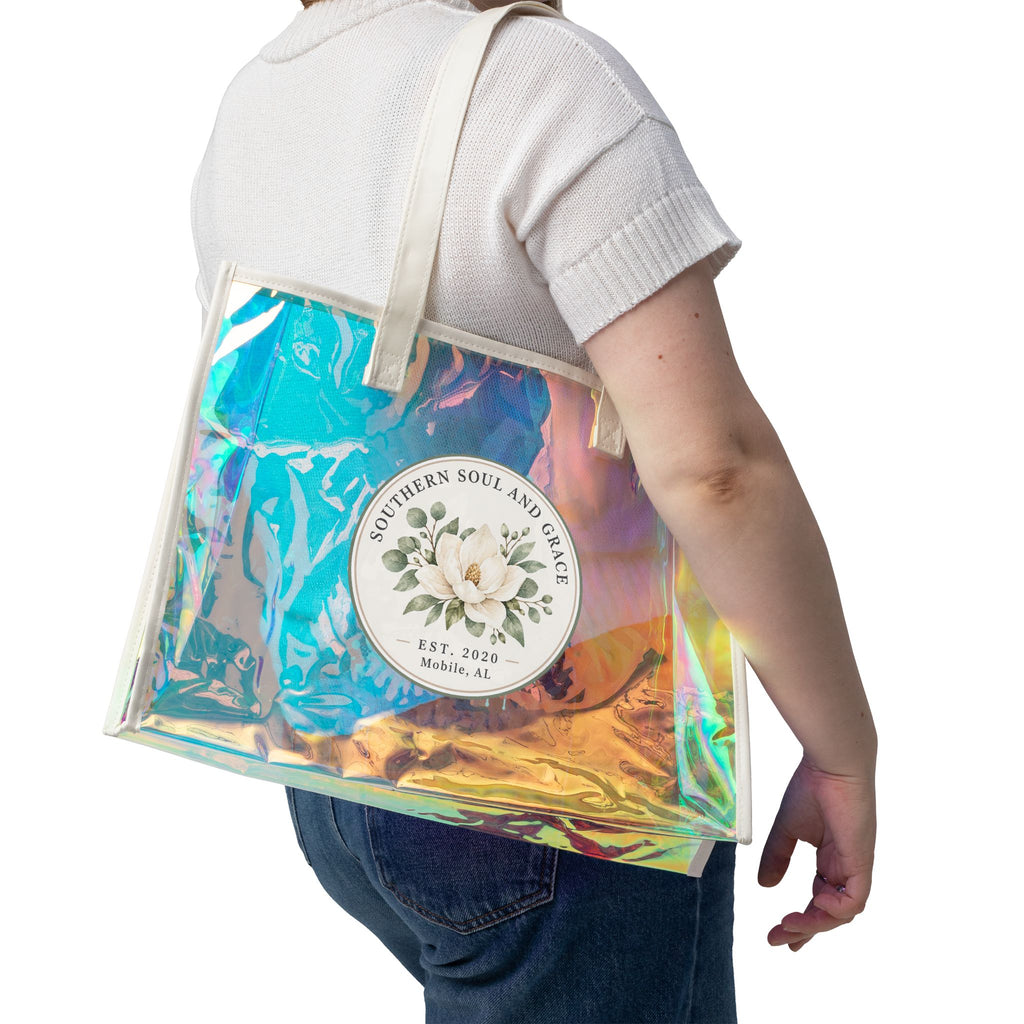 Holographic Beach Tote Bag — Iridescent Clear Carryall with Floral or Paw Design