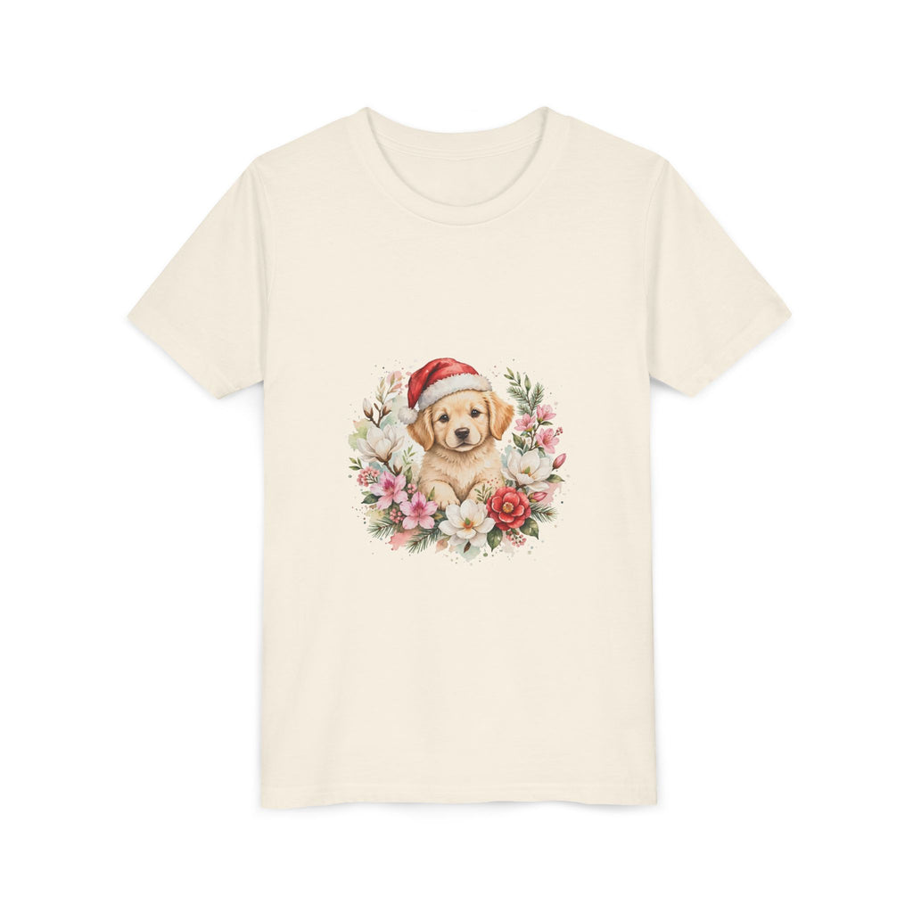 Christmas Puppy Kids T-Shirt — Puppy Santa Hat Floral Tee