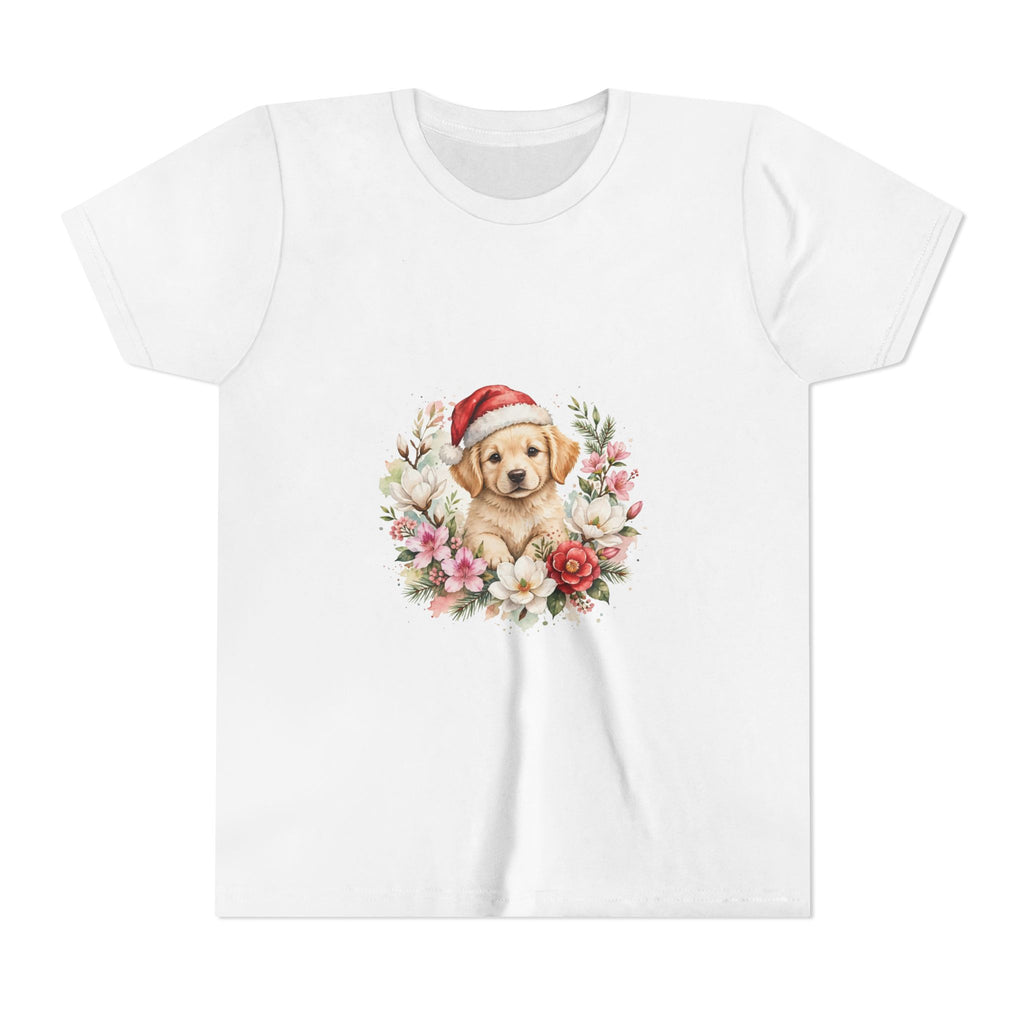 Christmas Puppy Kids T-Shirt — Puppy Santa Hat Floral Tee