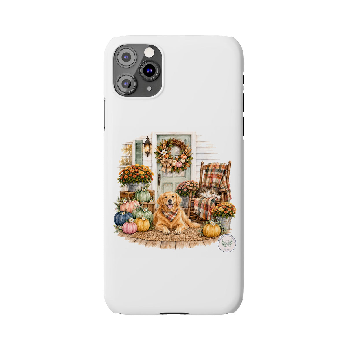 Autumn Porch Phone Case — Golden Retriever & Pumpkin Fall Design