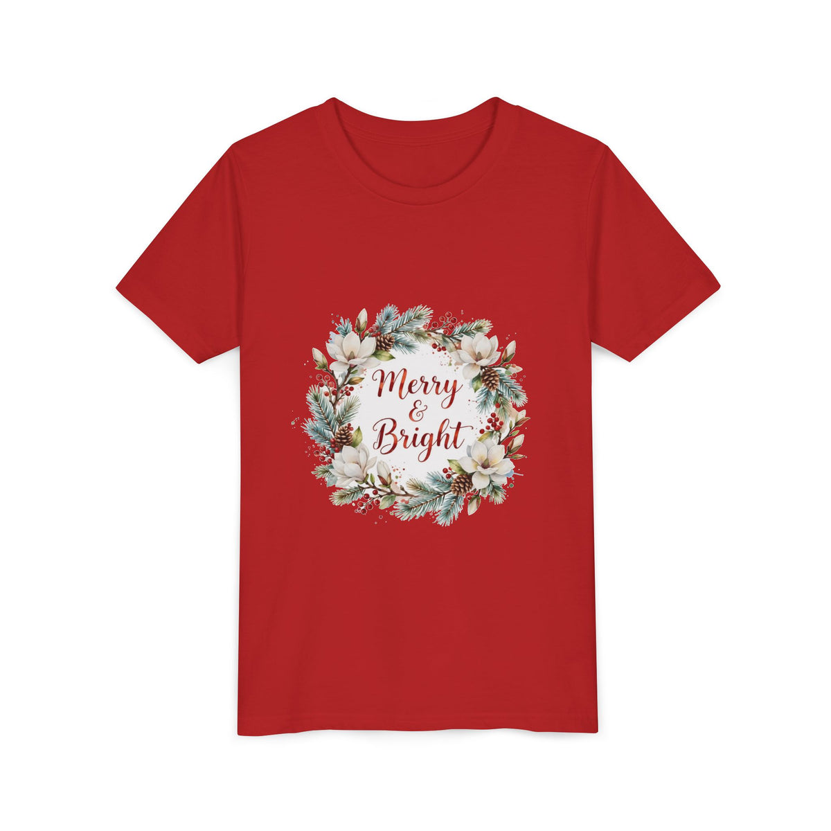 Merry & Bright Kids T-Shirt — Magnolia Wreath Christmas Tee