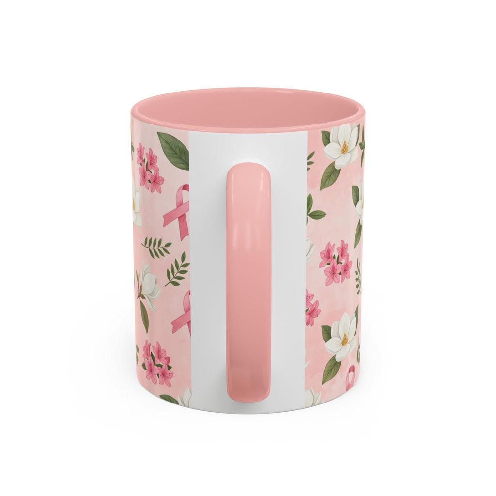 Breast Cancer Awareness Floral Coffee Mug (Pink Ribbon Accent)