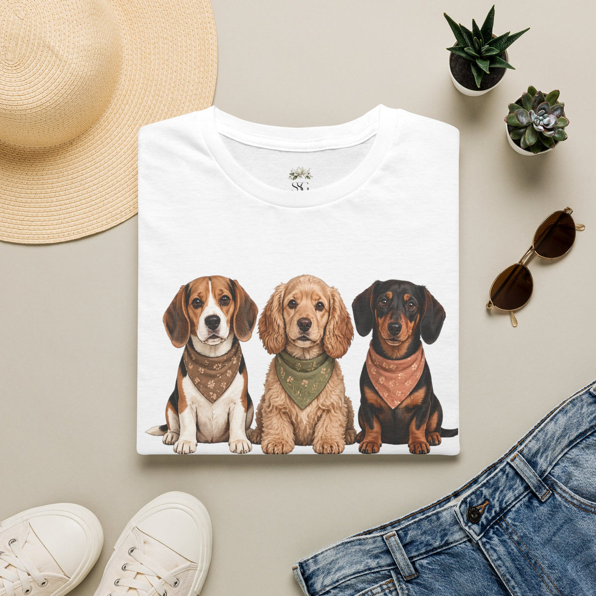 Three Cute Dogs T-Shirt | Beagle Cocker Dachshund Illustration