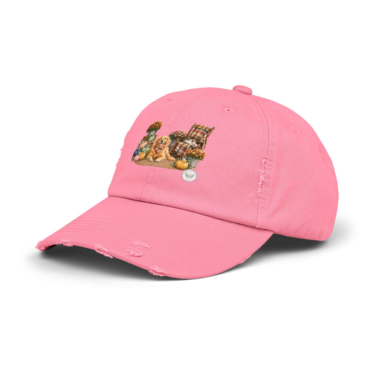 Autumn Cozy Dog Distressed Cap — Fall Pumpkins & Plaid Chair Design