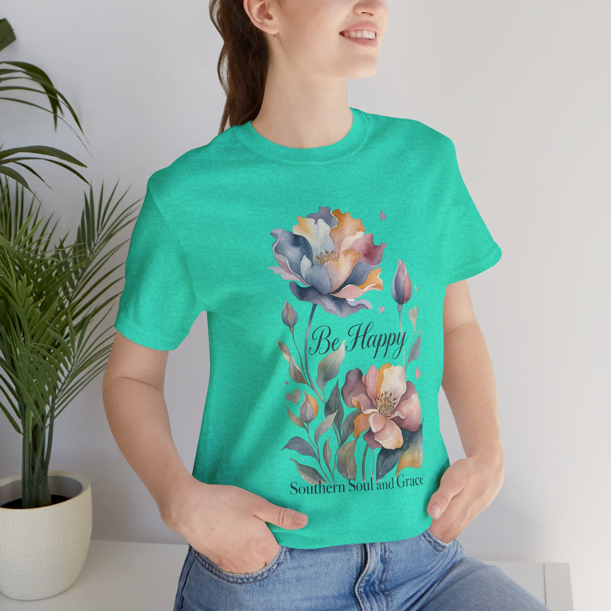 Be Happy Floral Tee — Watercolor Flowers Inspirational Quote T-Shirt