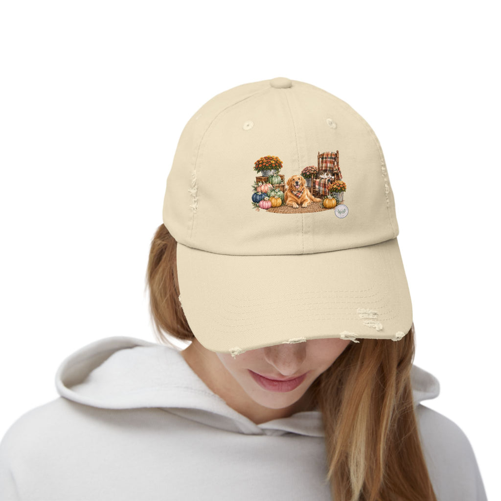 Autumn Cozy Dog Distressed Cap — Fall Pumpkins & Plaid Chair Design