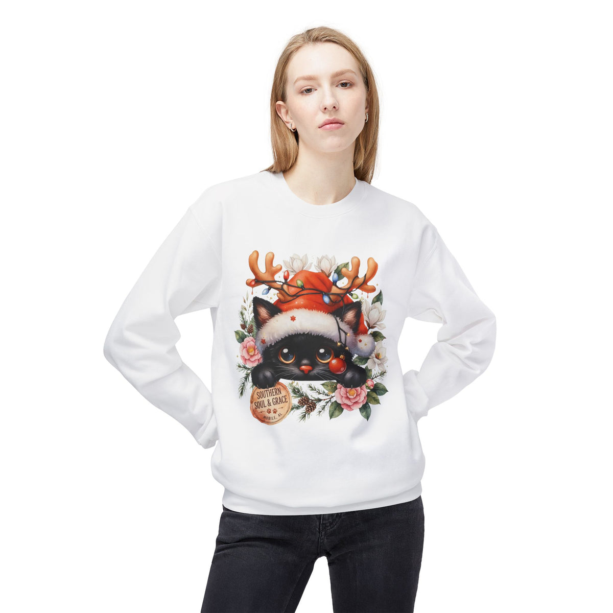 Christmas Black Cat Sweatshirt – Cute Cat in Santa Hat with Reindeer Antlers & Floral Wreath