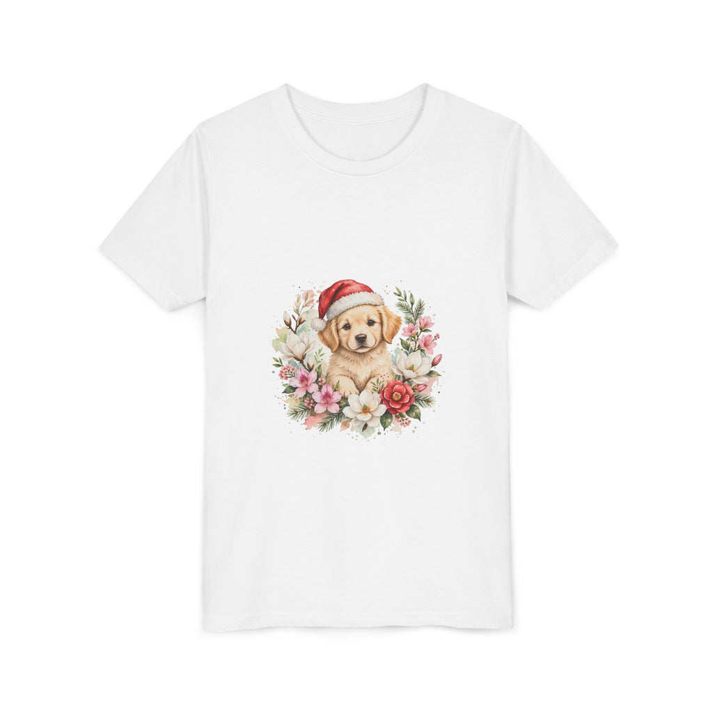 Christmas Puppy Kids T-Shirt — Puppy Santa Hat Floral Tee