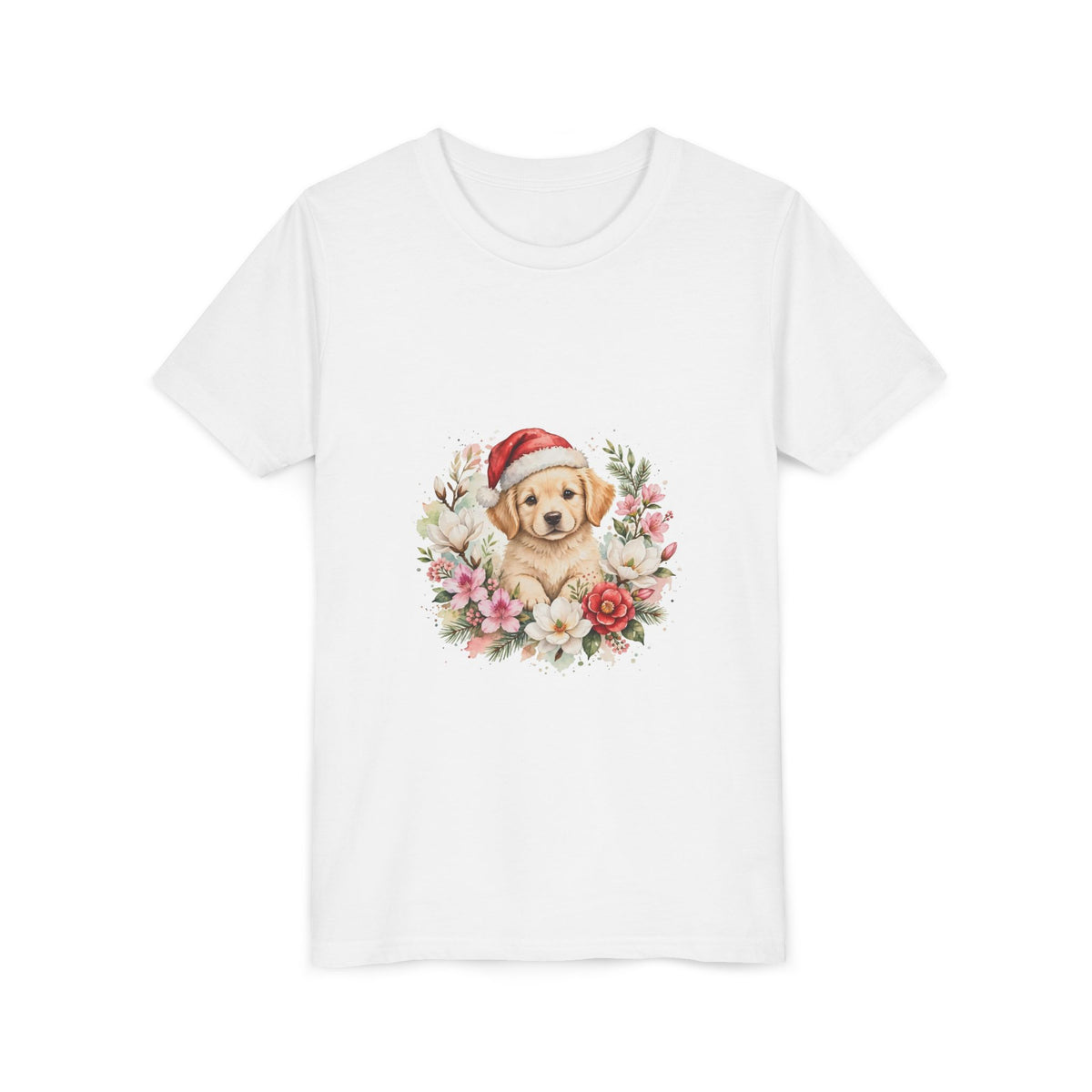Christmas Puppy Kids T-Shirt — Puppy Santa Hat Floral Tee