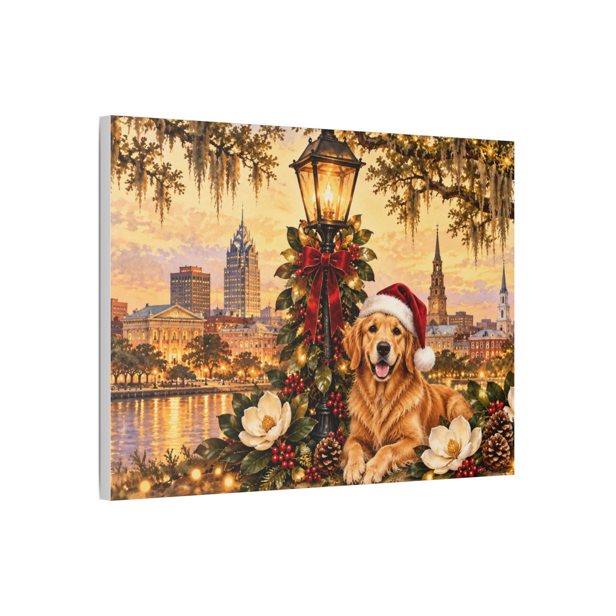 Golden Retriever with Santa Hat Satin Canvas Mobile Alabama Landscape - view 20