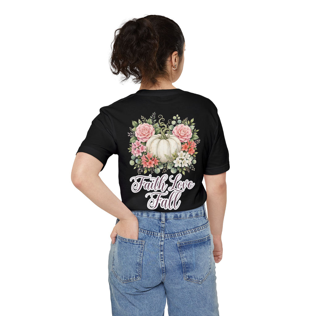 Faith Love Fall Pocket T-Shirt — Floral Pumpkin Autumn Tee