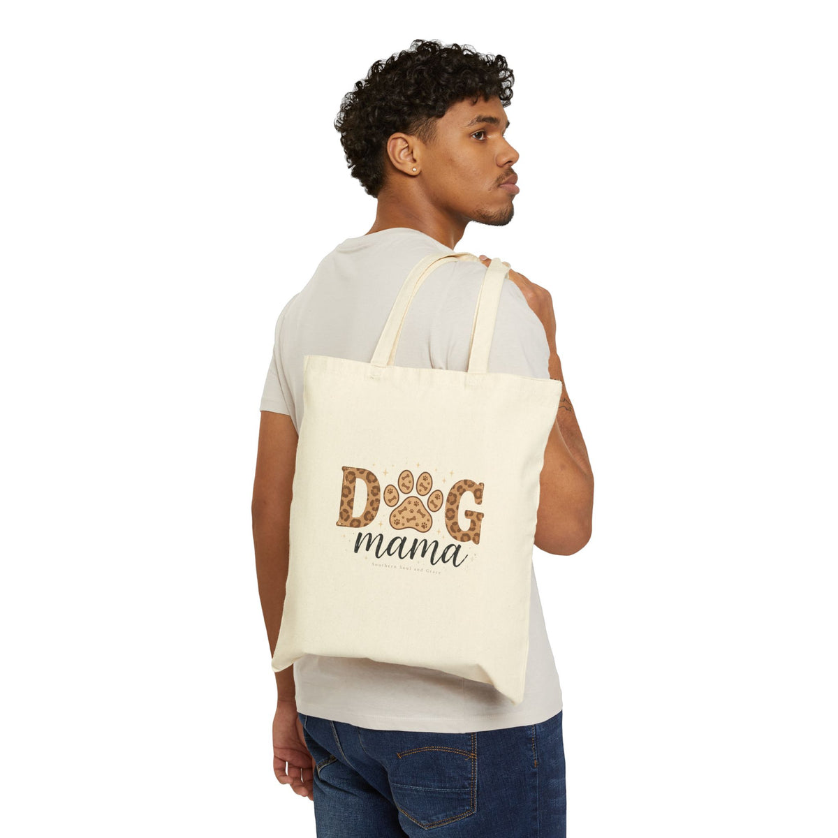 Dog Mama Canvas Tote Bag — Leopard Paw Print Eco Grocery Shopper