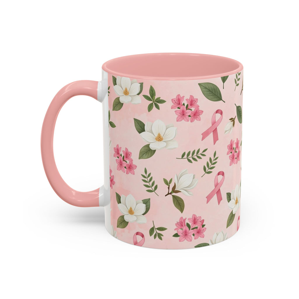 Breast Cancer Awareness Floral Coffee Mug (Pink Ribbon Accent)