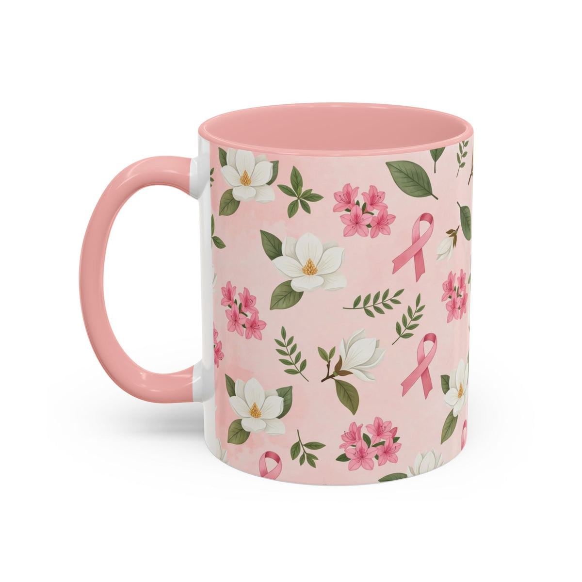 Breast Cancer Awareness Floral Coffee Mug (Pink Ribbon Accent)