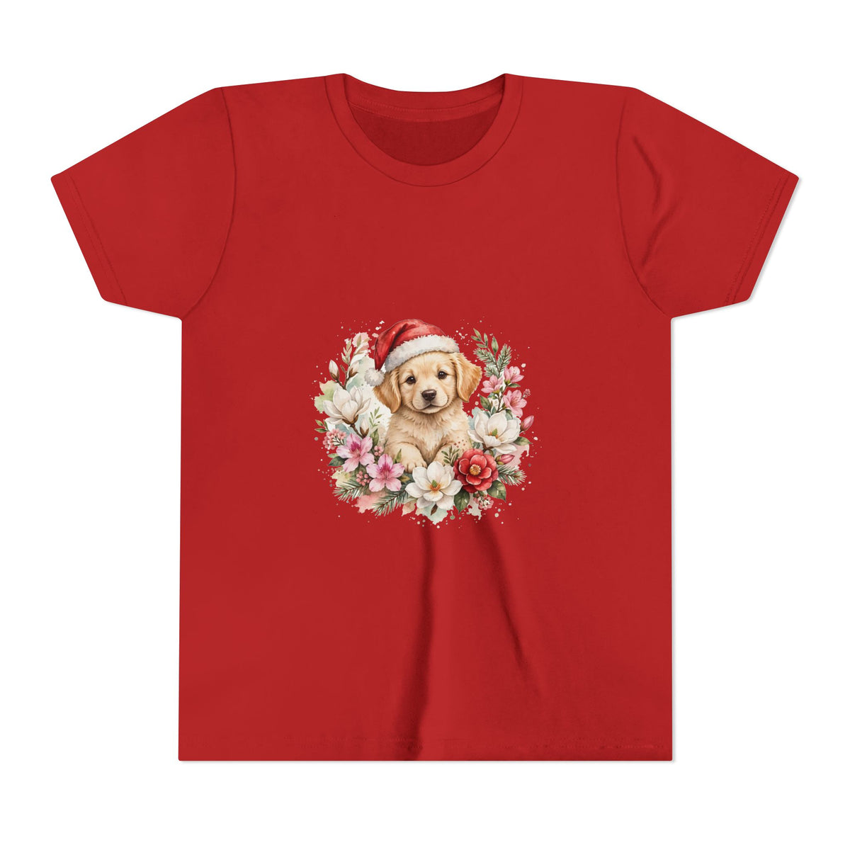 Christmas Puppy Kids T-Shirt — Puppy Santa Hat Floral Tee