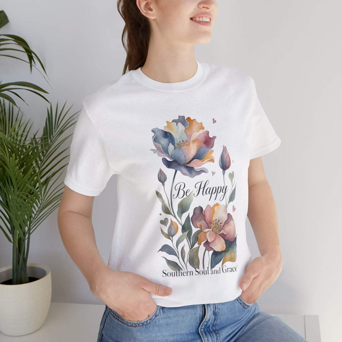 Be Happy Floral Tee — Watercolor Flowers Inspirational Quote T-Shirt