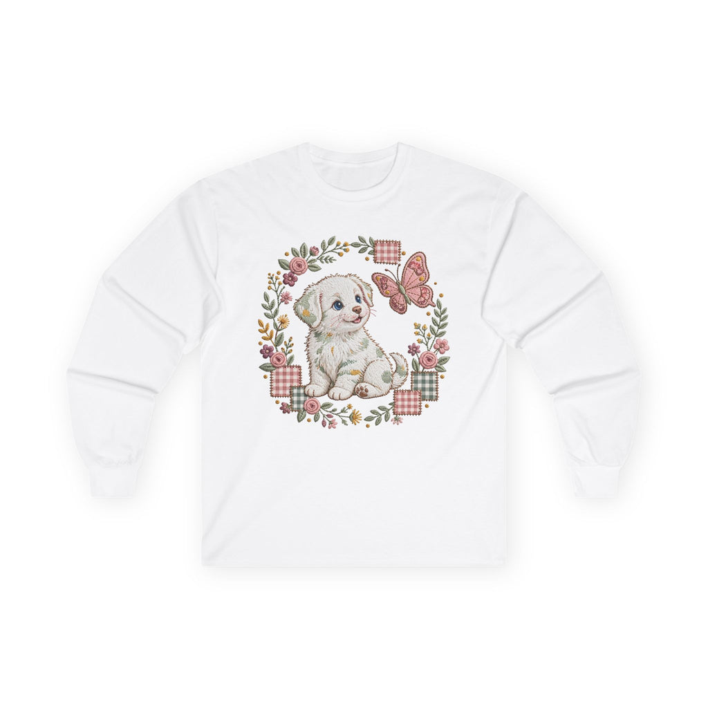 Long sleeve tee with puppy in floral wreath with paw and butterfly design