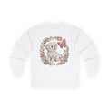 Long sleeve tee with puppy in floral wreath with paw and butterfly design