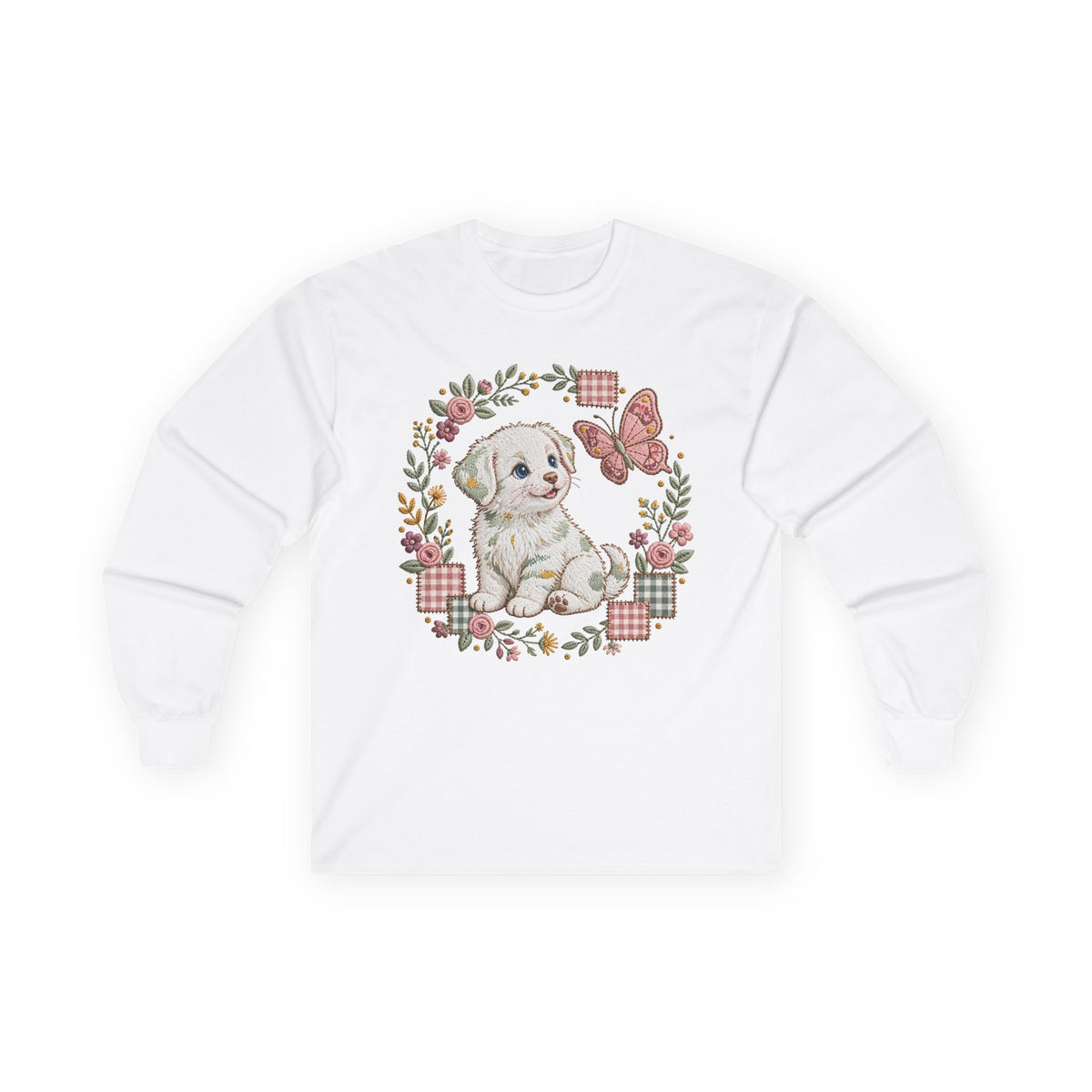 Long sleeve tee with puppy in floral wreath with paw and butterfly design
