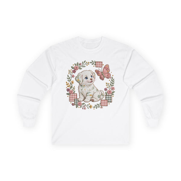 Long sleeve tee with puppy in floral wreath with paw and butterfly design
