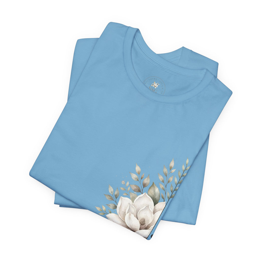 Floral Magnolia Tee — Minimal Side Bouquet T-Shirt
