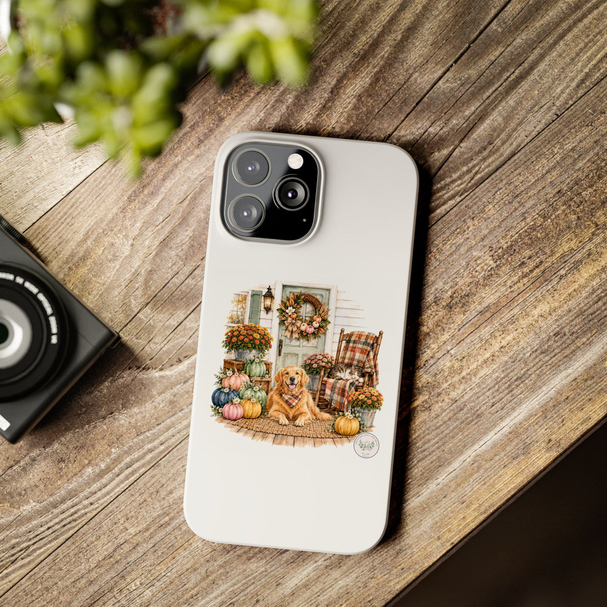 Autumn Porch Phone Case — Golden Retriever & Pumpkin Fall Design