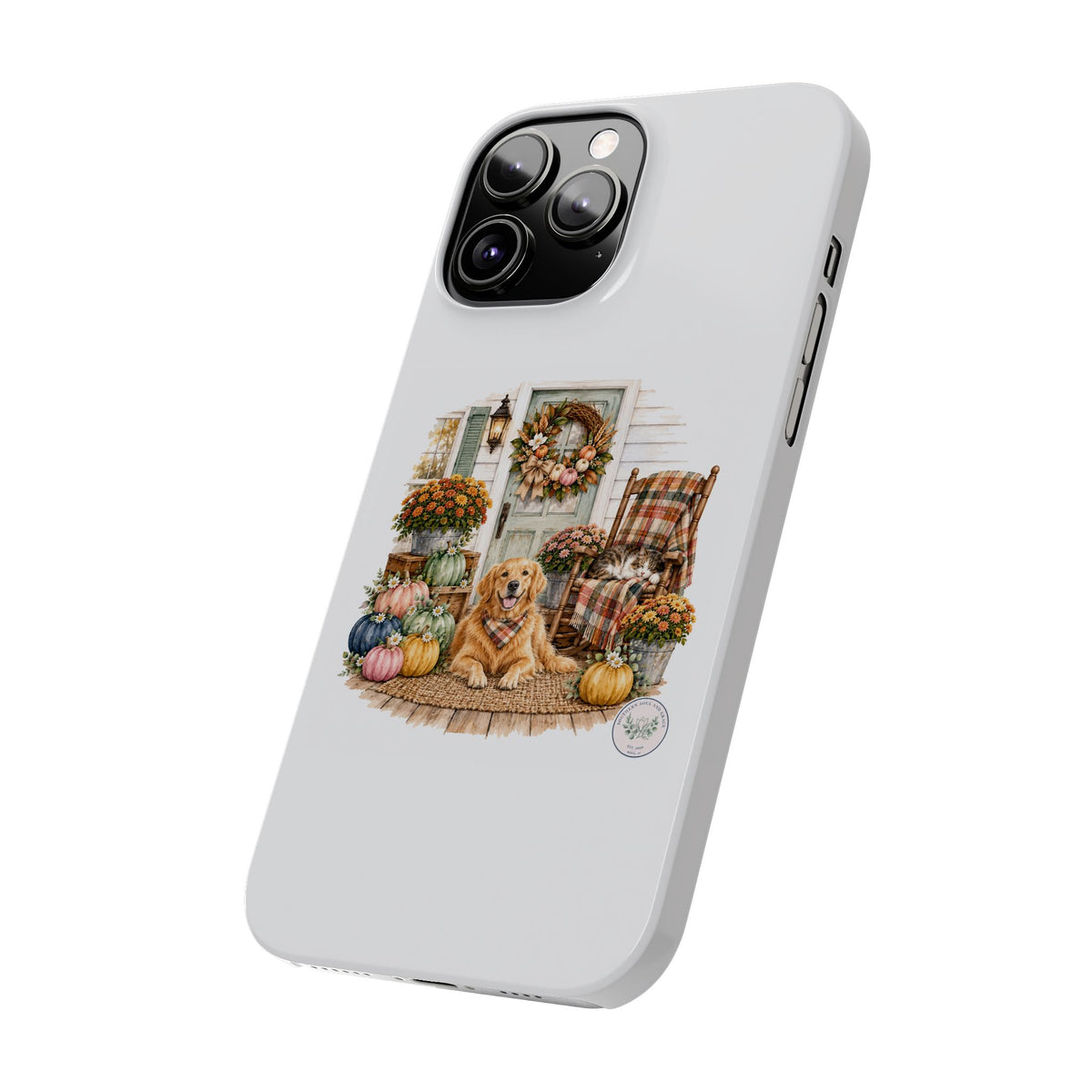 Autumn Porch Phone Case — Golden Retriever & Pumpkin Fall Design