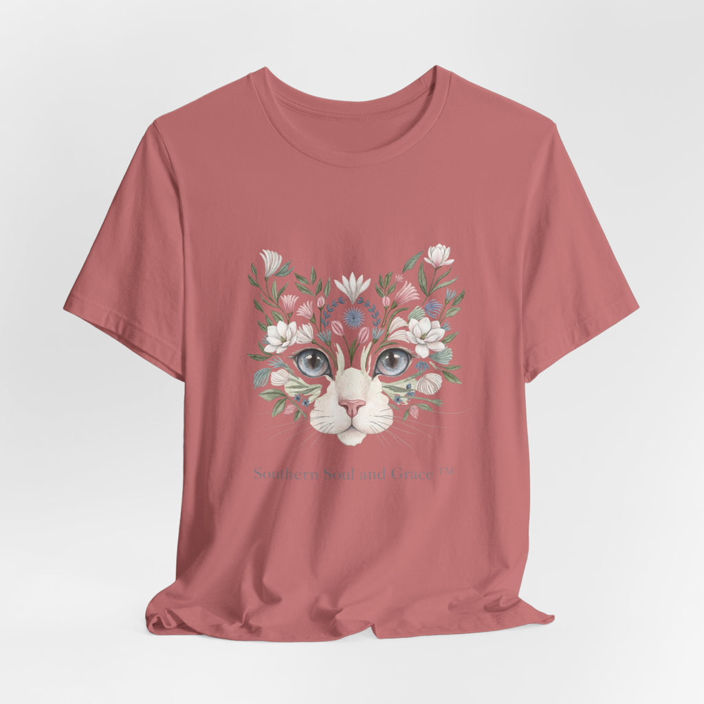 Floral Cat Face Tee — Watercolor Kitty Floral Illustration T-Shirt