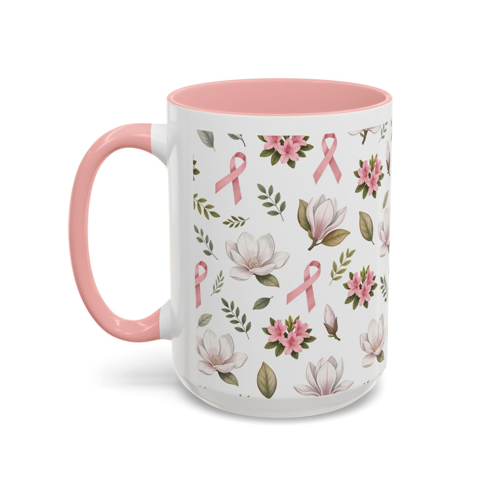 Breast Cancer Awareness Floral Accent Coffee Mug — Pink Ribbon 11/15oz