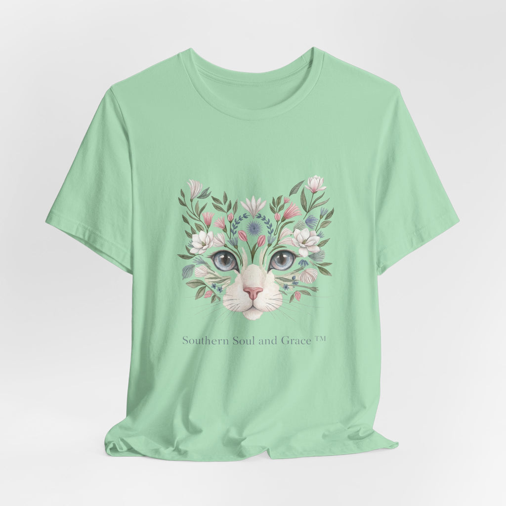 Floral Cat Face Tee — Watercolor Kitty Floral Illustration T-Shirt