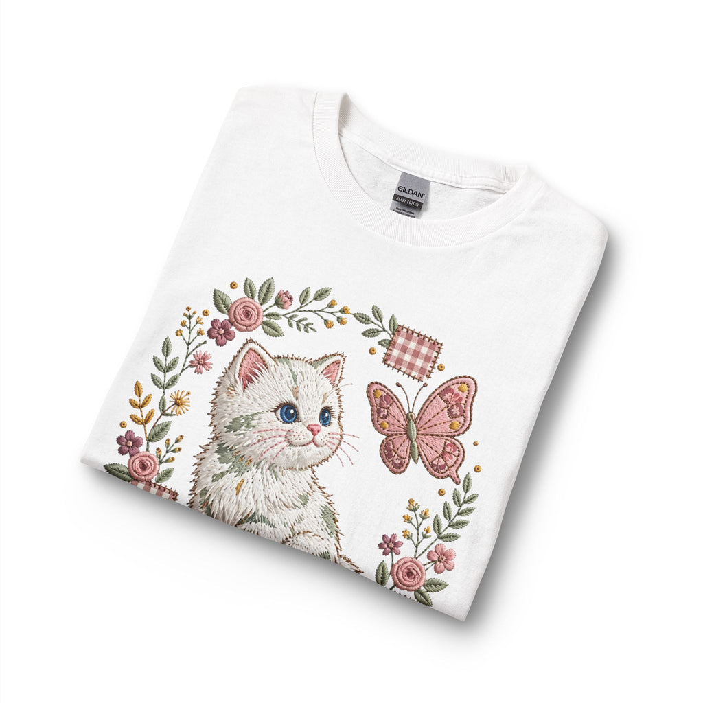 Cute Kitten & Butterfly Long Sleeve Tee — Floral Vintage Cat Shirt