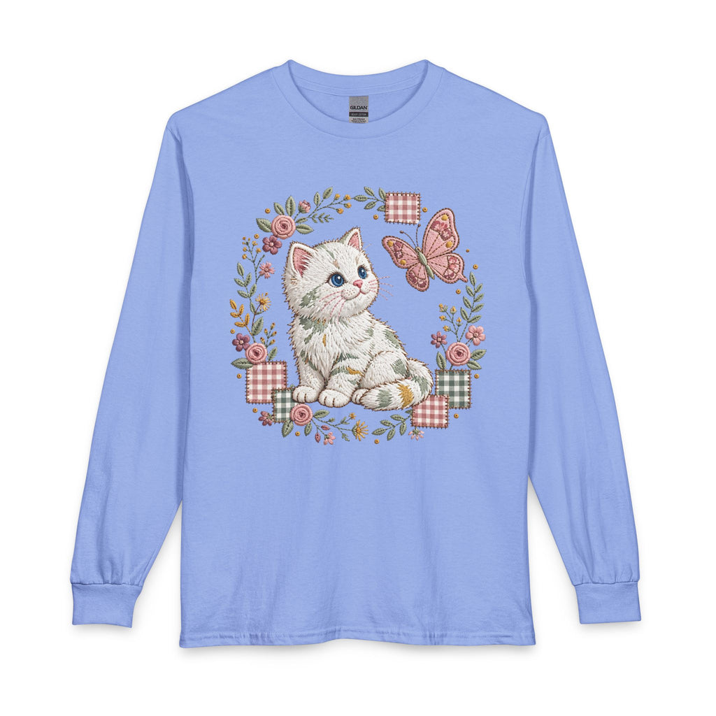Cute Kitten & Butterfly Long Sleeve Tee — Floral Vintage Cat Shirt
