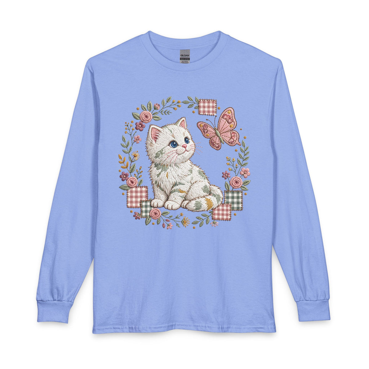 Cute Kitten & Butterfly Long Sleeve Tee — Floral Vintage Cat Shirt