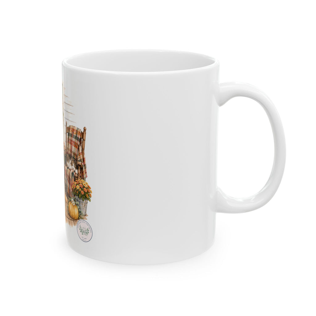 Autumn Porch Golden Retriever Ceramic Mug – Fall Pumpkin & Plaid Coffee Cup (11oz/15oz)
