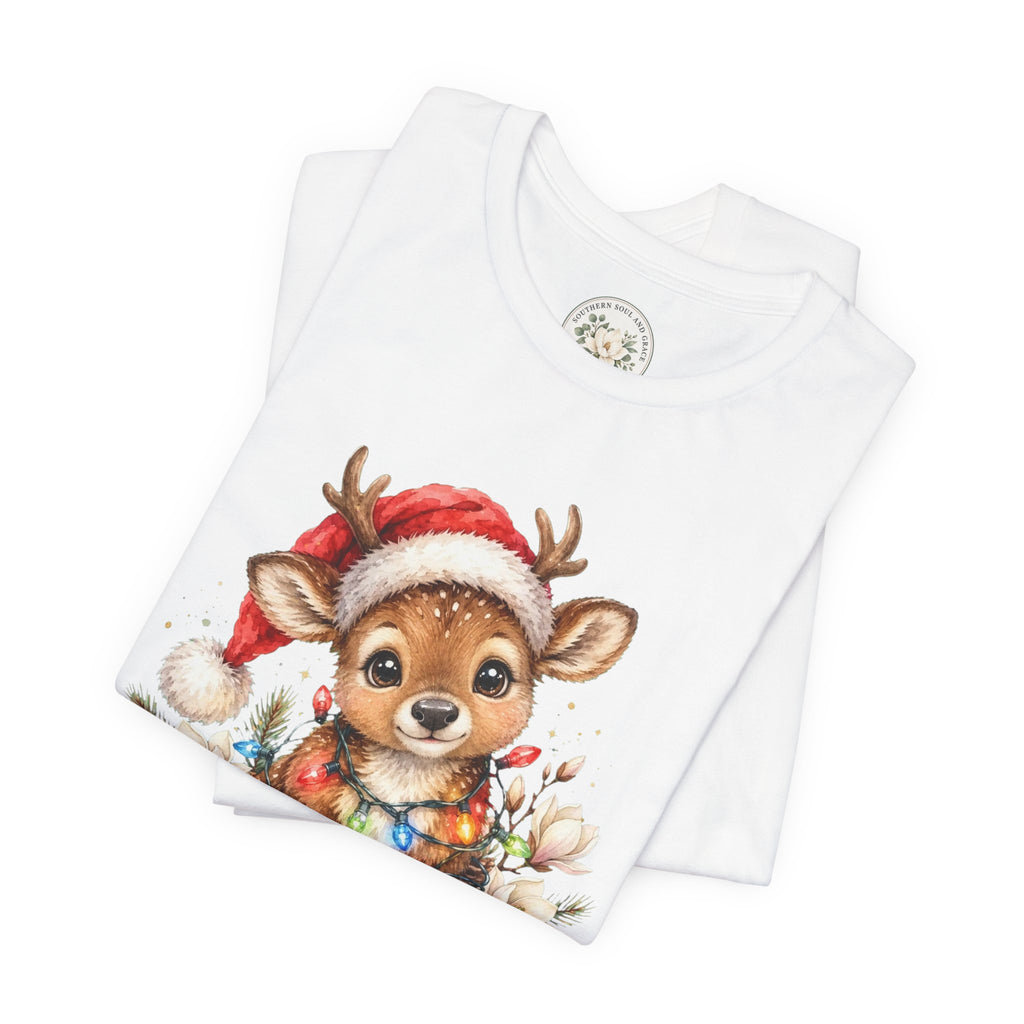 Christmas Reindeer Tee — Cute Baby Reindeer in Santa Hat Holiday T-Shirt