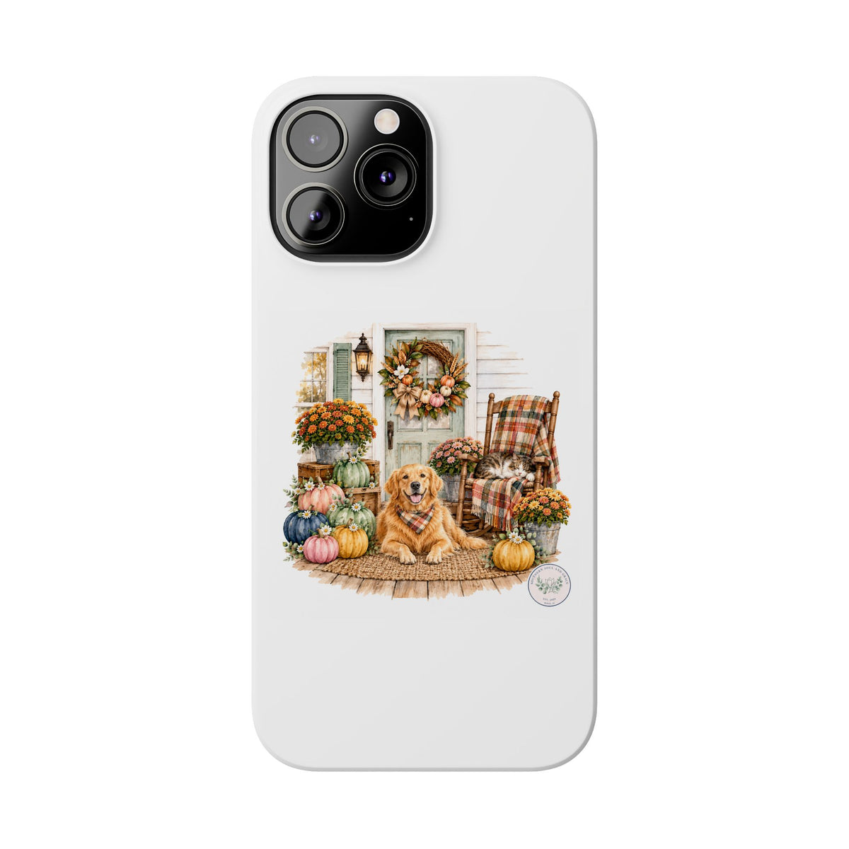 Autumn Porch Phone Case — Golden Retriever & Pumpkin Fall Design