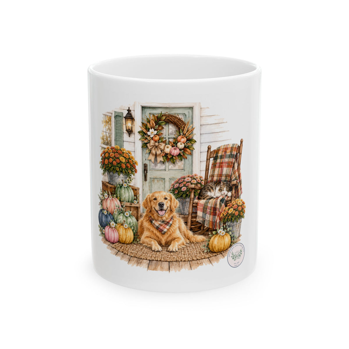 Autumn Porch Golden Retriever Ceramic Mug – Fall Pumpkin & Plaid Coffee Cup (11oz/15oz)