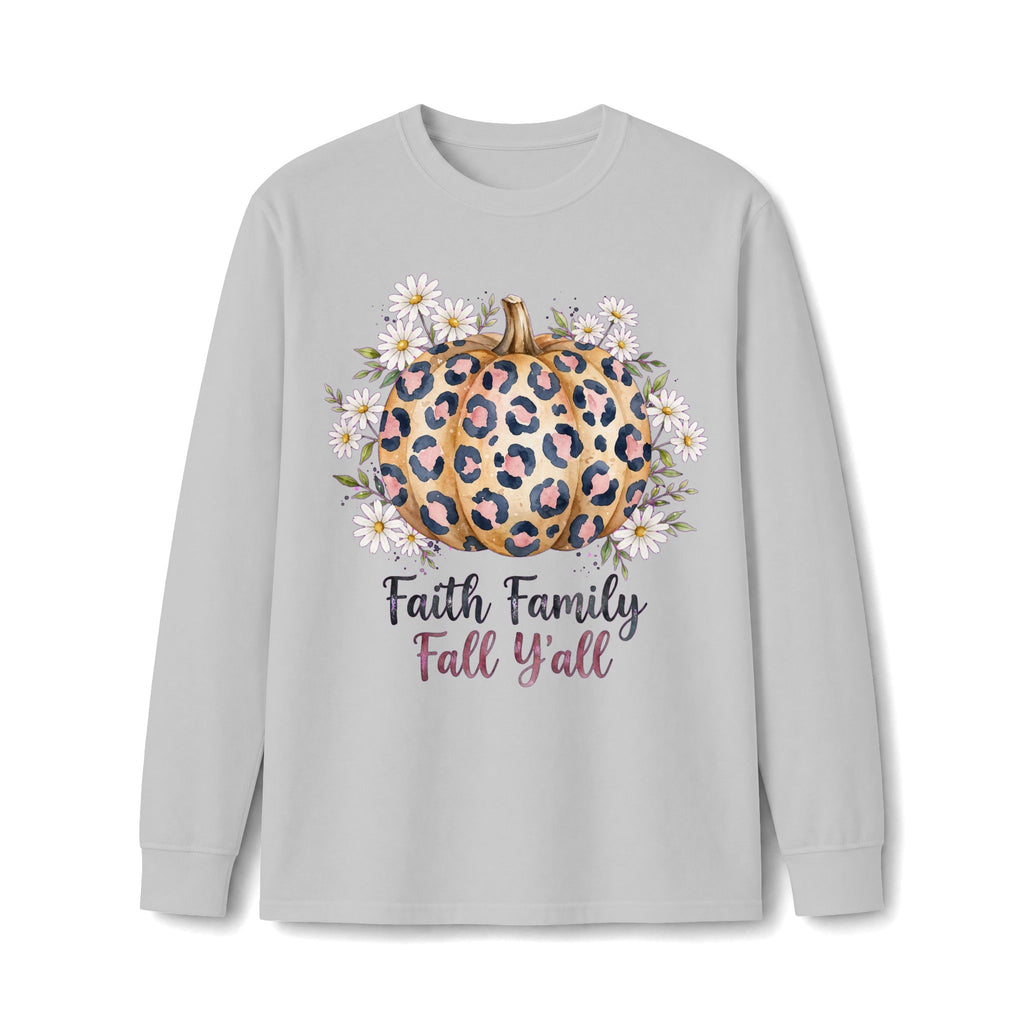 Faith Family Fall Y'all Long Sleeve Tee — Leopard Pumpkin Floral Autumn Shirt
