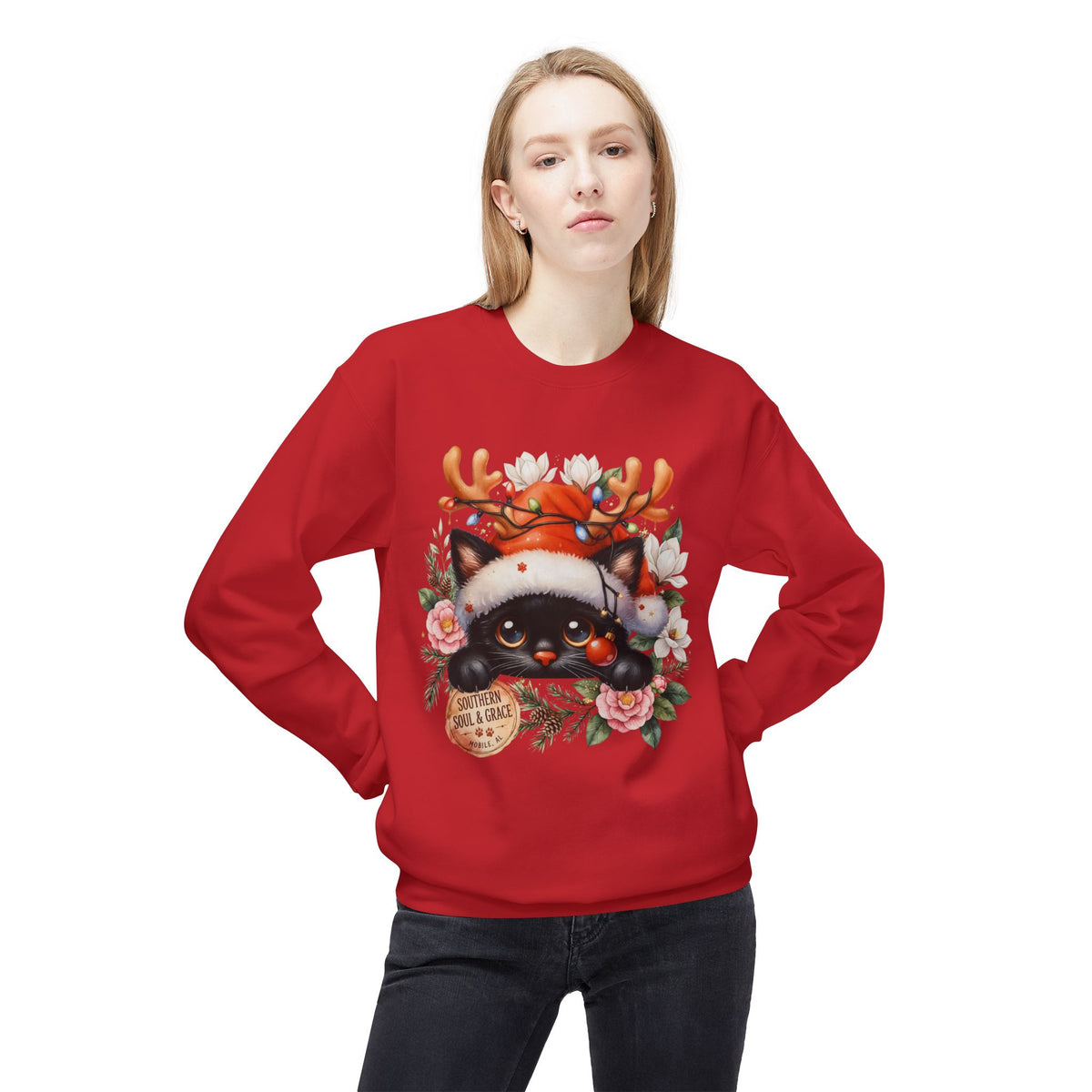 Christmas Black Cat Sweatshirt – Cute Cat in Santa Hat with Reindeer Antlers & Floral Wreath