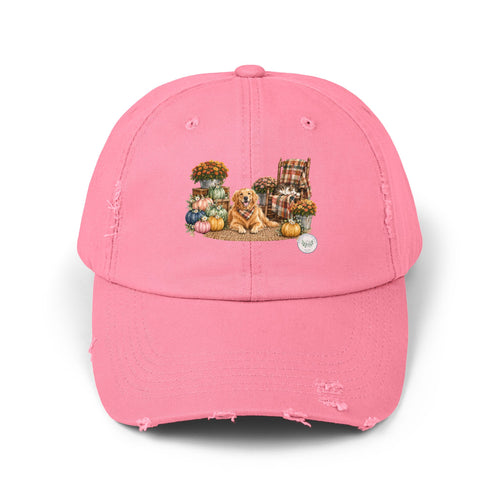 Autumn Cozy Dog Distressed Cap — Fall Pumpkins & Plaid Chair Design