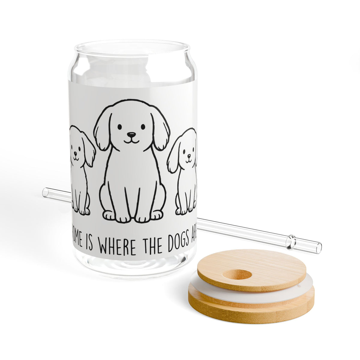 Sipper Glass – "Home Is Where The Dogs Are" 16oz Cute Puppy Drink Jar with Bamboo Lid & Straw