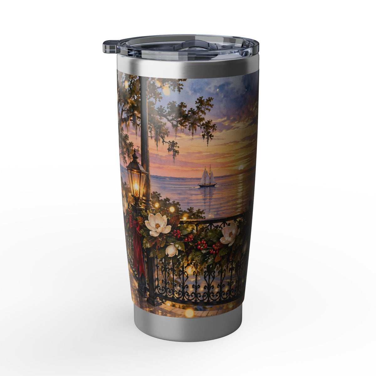 Sunset Promenade 20oz Tumbler — Festive Magnolia & Waterfront Scenery Mobile Alabama