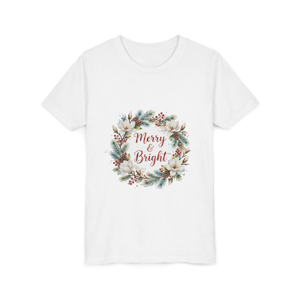 Merry & Bright Kids T-Shirt — Magnolia Wreath Christmas Tee