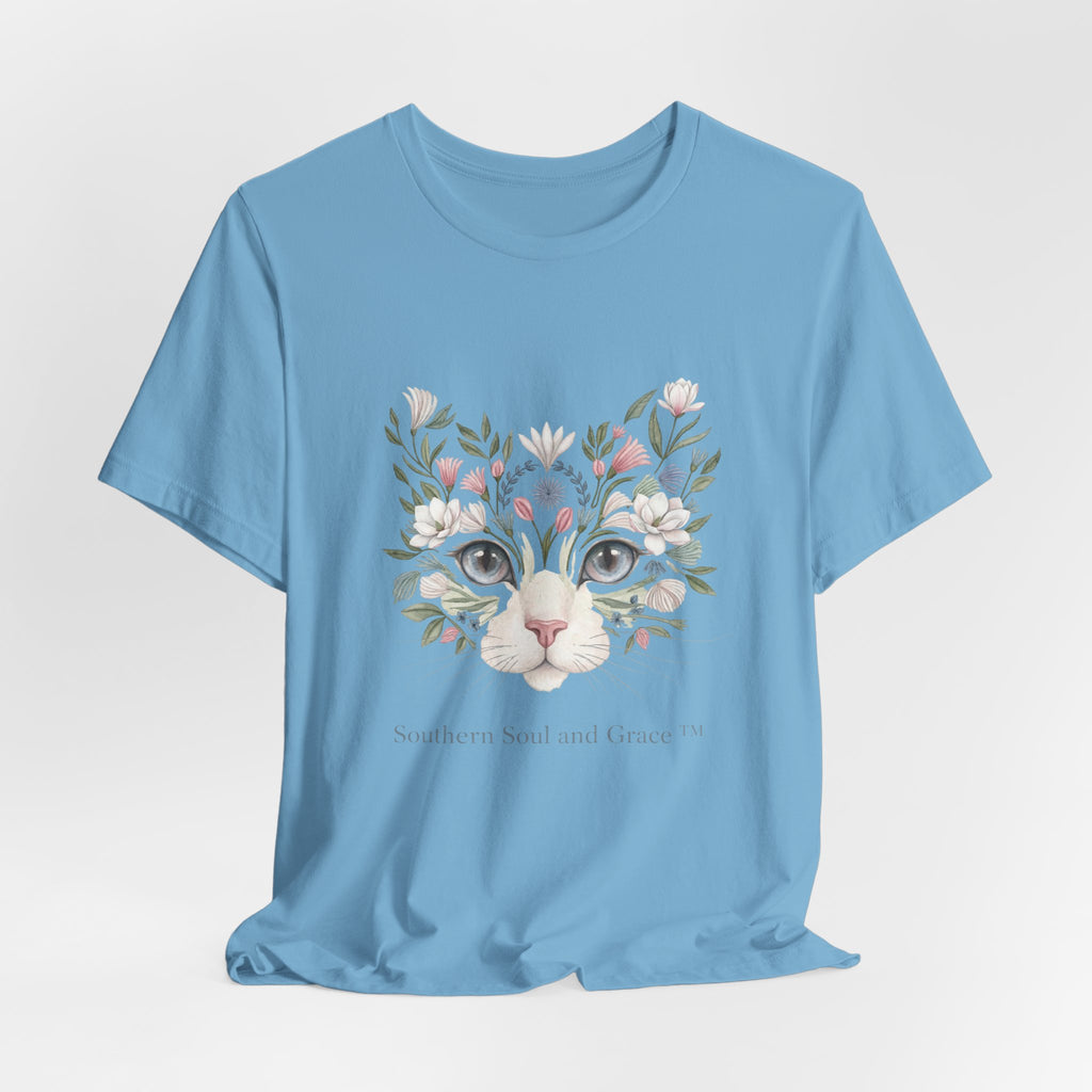 Floral Cat Face Tee — Watercolor Kitty Floral Illustration T-Shirt