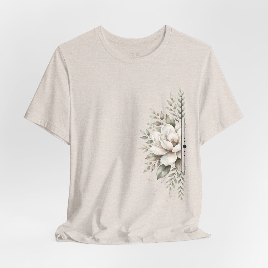 Floral Magnolia Tee — Minimal Side Bouquet T-Shirt