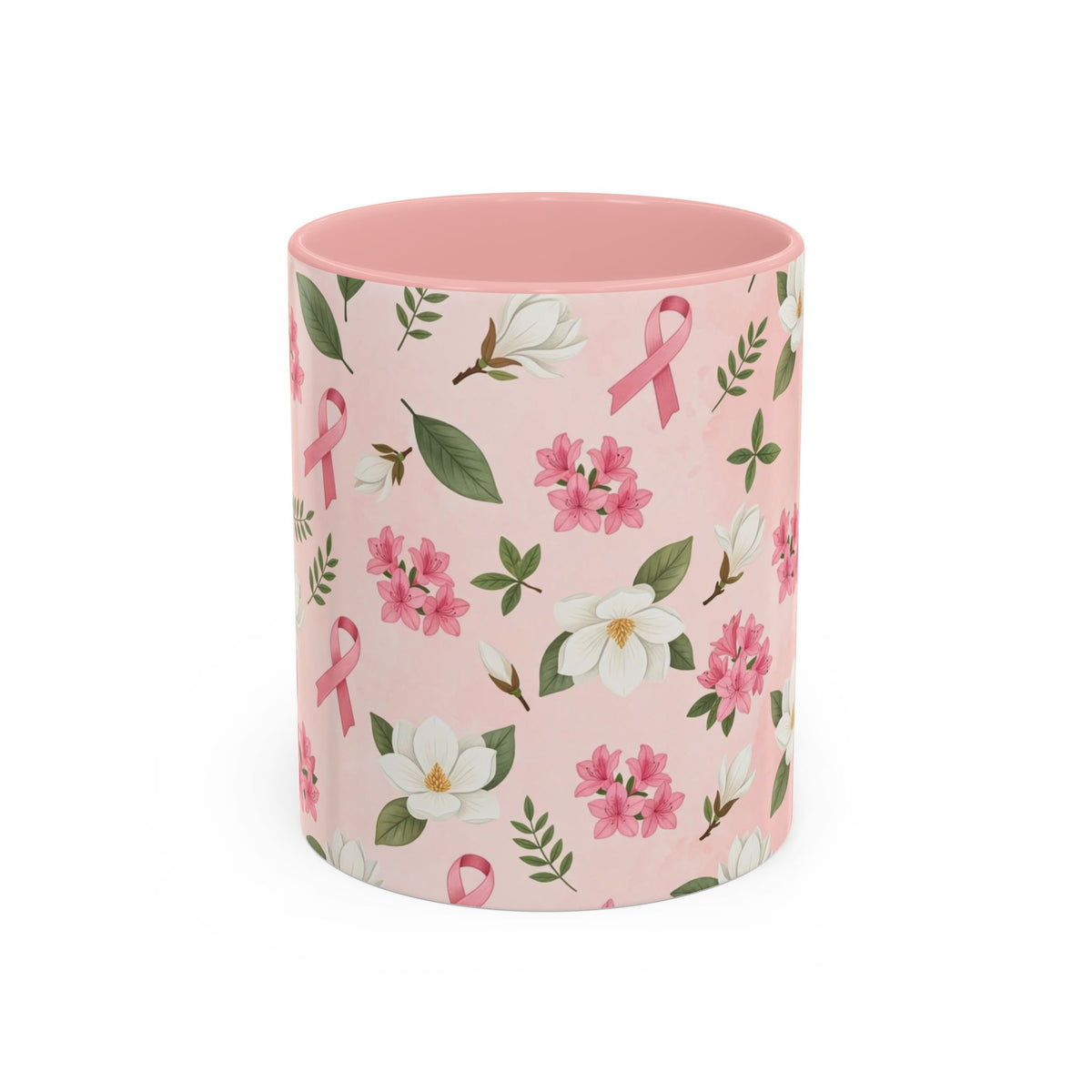 Breast Cancer Awareness Floral Coffee Mug (Pink Ribbon Accent)
