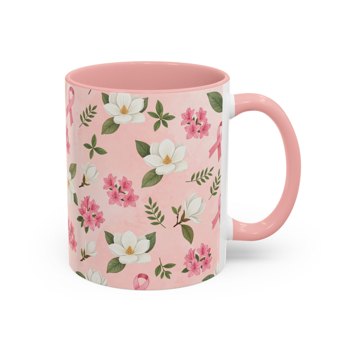 Breast Cancer Awareness Floral Coffee Mug (Pink Ribbon Accent)