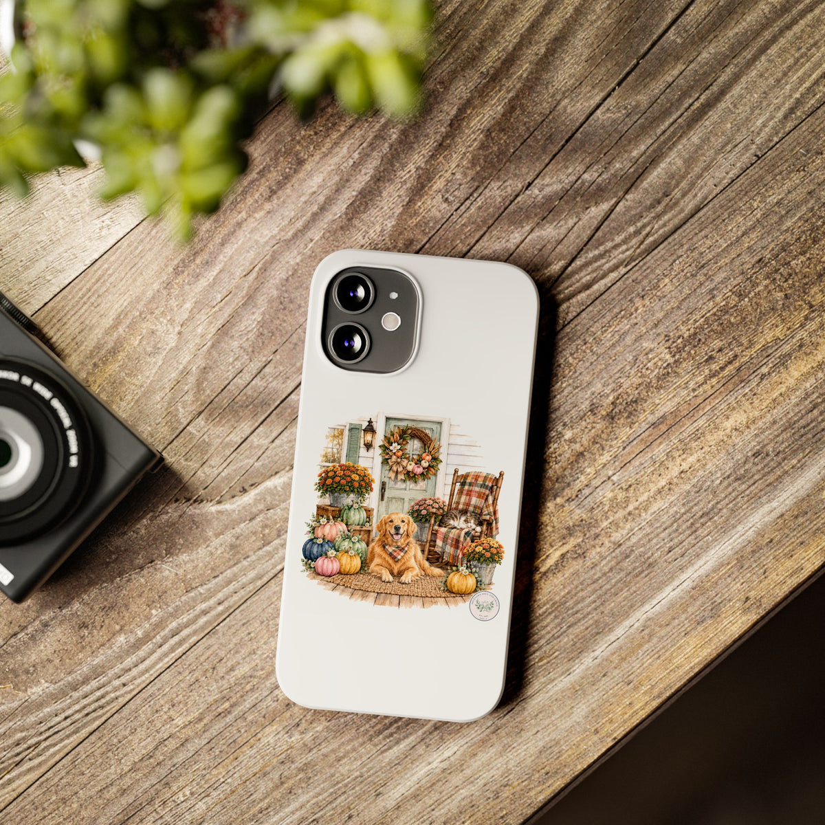 Autumn Porch Phone Case — Golden Retriever & Pumpkin Fall Design