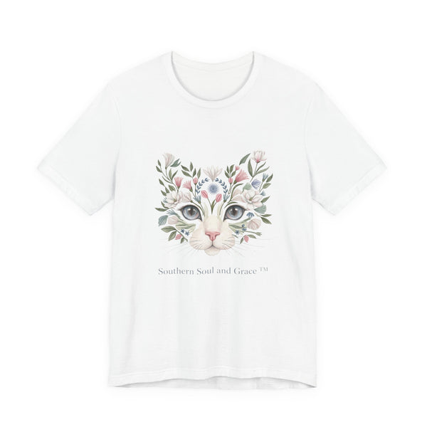 Watercolor cat face t-shirt with floral illustration